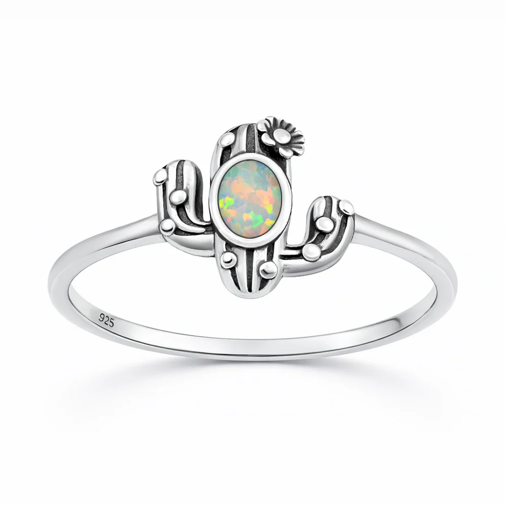 Sterling Silver Oxidized And Polished White Lab Opal Cactus Ring
