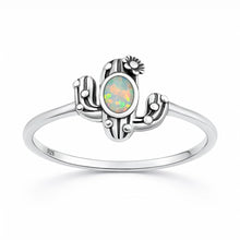 Load image into Gallery viewer, Sterling Silver Oxidized And Polished White Lab Opal Cactus Ring