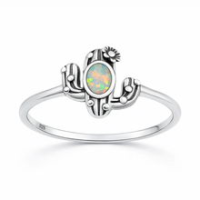 Load image into Gallery viewer, Sterling Silver Oxidized And Polished White Lab Opal Cactus Ring