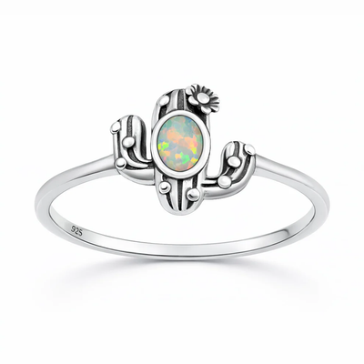 Sterling Silver Oxidized And Polished White Lab Opal Cactus Ring