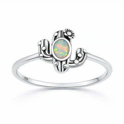 Sterling Silver Oxidized And Polished White Lab Opal Cactus Ring
