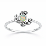 Sterling Silver Oxidized And Polished White Lab Opal Cactus Ring