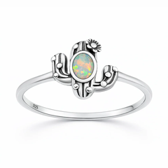 Sterling Silver Oxidized And Polished White Lab Opal Cactus Ring