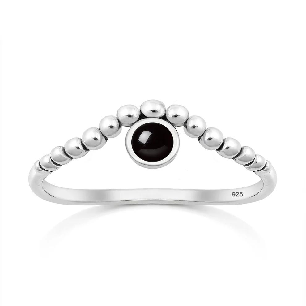 Sterling Silver Oxidized And Polished Bead Design Black Agate Stone Ring