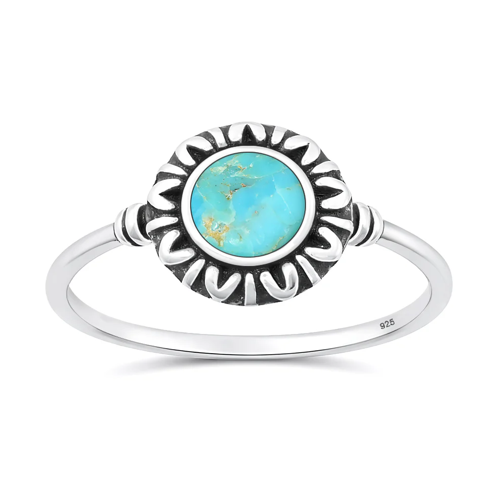 Sterling Silver Oxidized And Polished Bali Leaves Turquoise Stone Ring