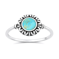 Sterling Silver Oxidized And Polished Bali Leaves Turquoise Stone Ring