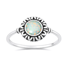 Load image into Gallery viewer, Sterling Silver Oxidized And Polished White Lab Opal Sunburst Ring