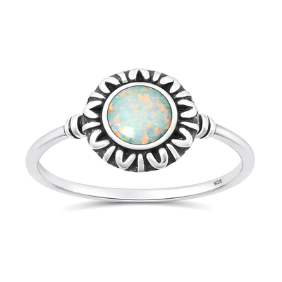Sterling Silver Oxidized And Polished White Lab Opal Sunburst Ring