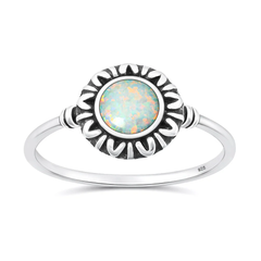 Sterling Silver Oxidized And Polished White Lab Opal Sunburst Ring