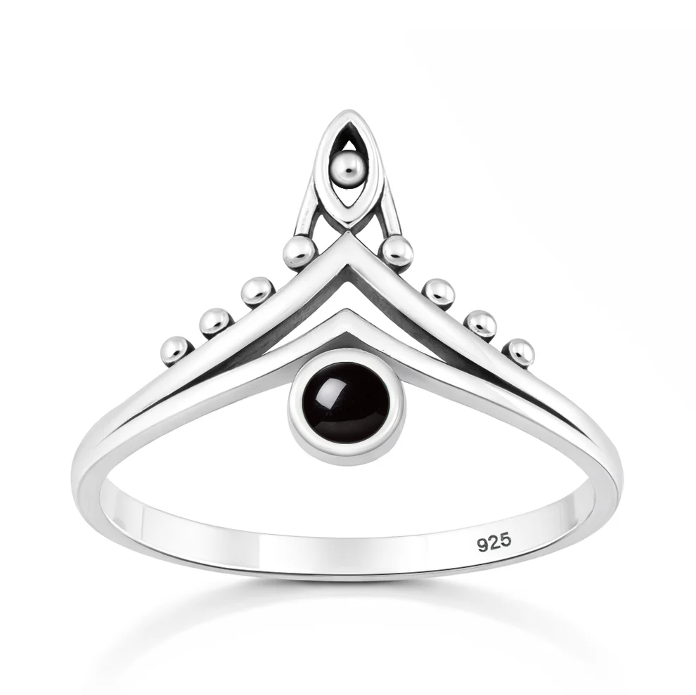 Sterling Silver Oxidized And Polished V Shape Black Agate Stone Ring
