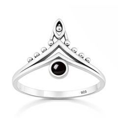 Sterling Silver Oxidized And Polished V Shape Black Agate Stone Ring
