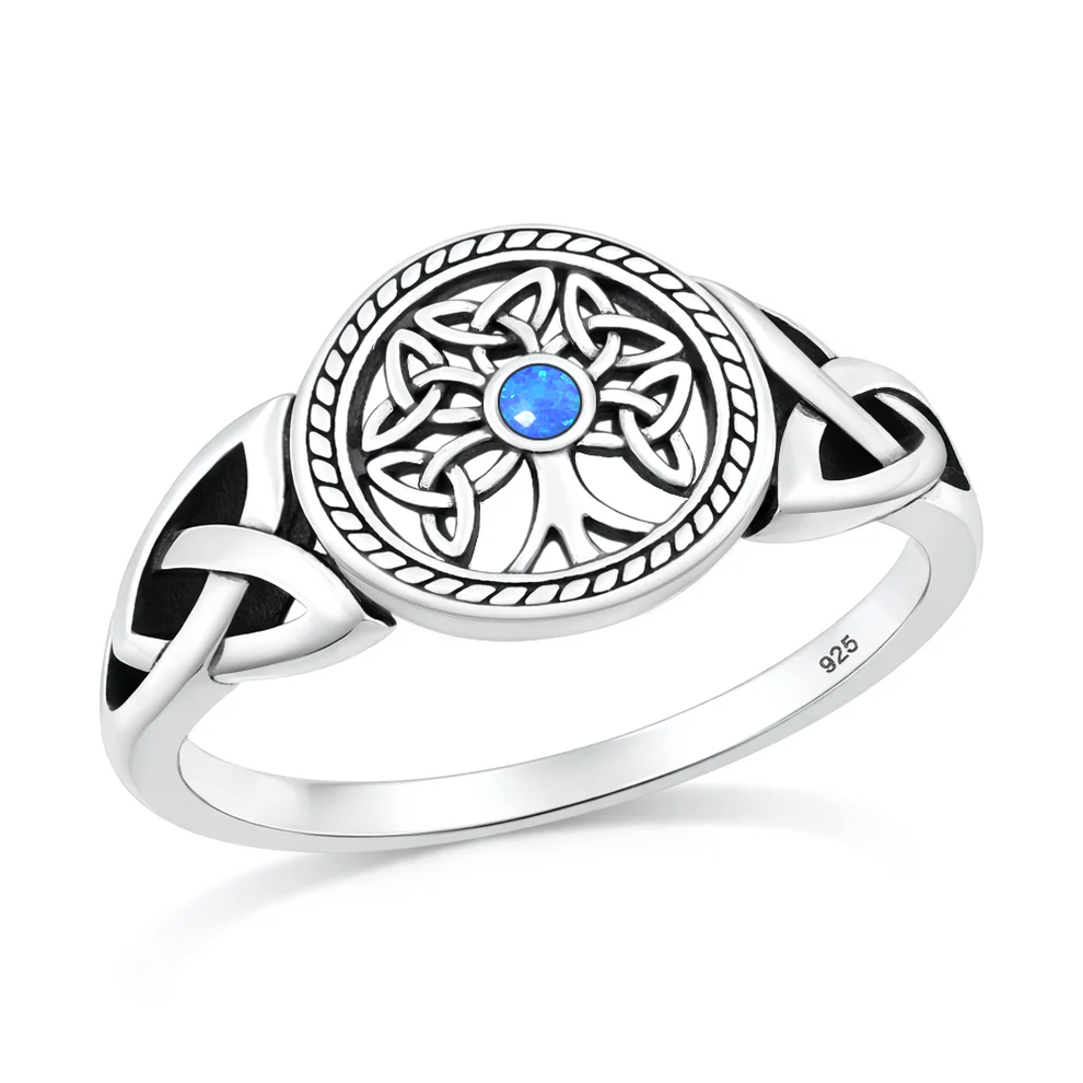 Sterling Silver Oxidized And Polished Celtric Tree Blue Lab Opal Ring