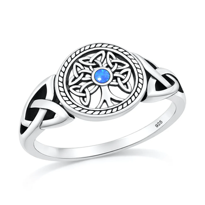 Sterling Silver Oxidized And Polished Celtric Tree Blue Lab Opal Ring