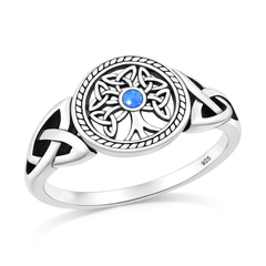 Sterling Silver Oxidized And Polished Celtric Tree Blue Lab Opal Ring