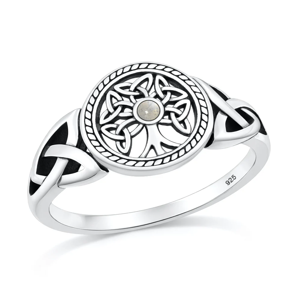 Sterling Silver Oxidized And Polished Celtric Tree Moonstone Stone Ring