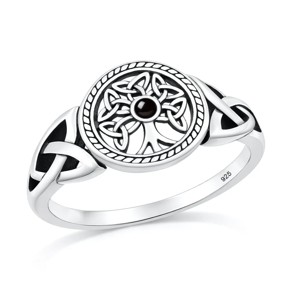 Sterling Silver Oxidized And Polished Celtric Tree Black Onyx Stone Ring
