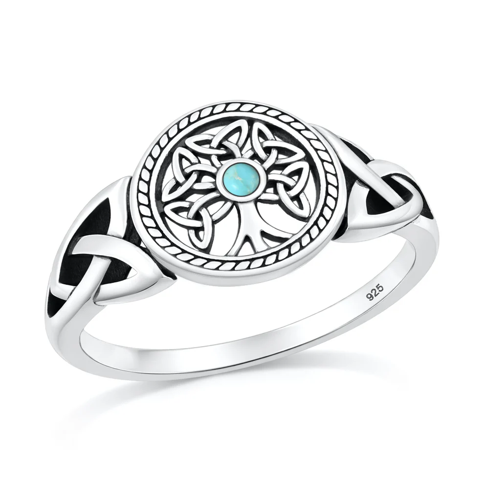 Sterling Silver Oxidized And Polished Celtric Tree Genuine Turquoise Stone Ring