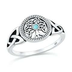 Sterling Silver Oxidized And Polished Celtric Tree Genuine Turquoise Stone Ring