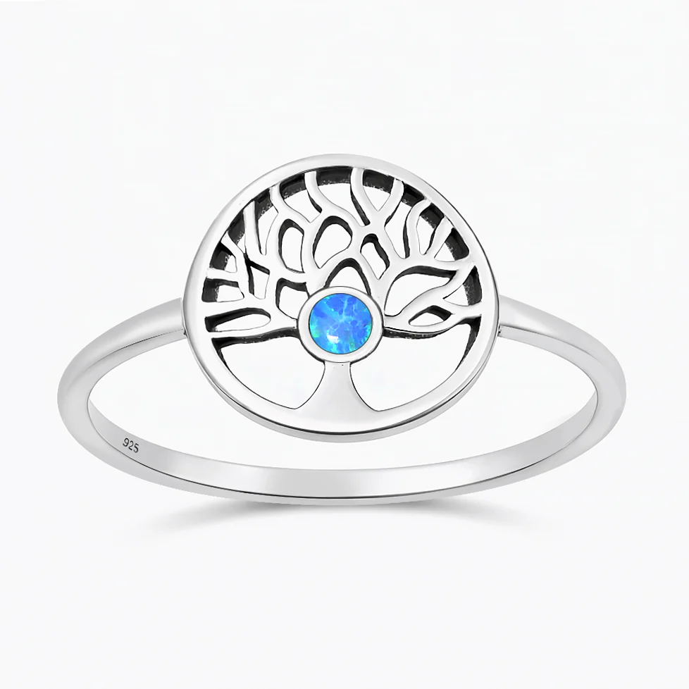 Sterling Silver Oxidized And Polished Tree Of Life Blue Lab Opal Ring