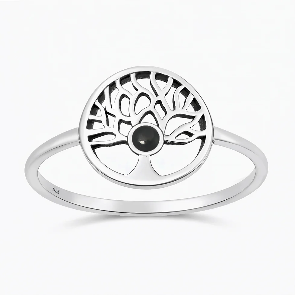 Sterling Silver Oxidized And Polished Tree Of Life Black Agate Stone Ring
