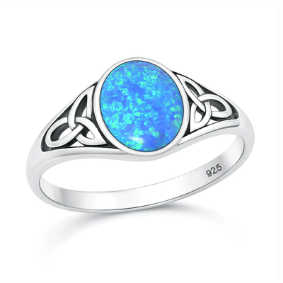 Sterling Silver Oxidized And Polished Celtic Knot Blue Lab Opal Ring