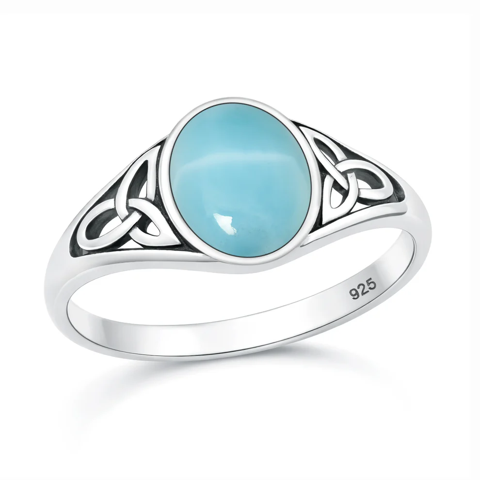 Sterling Silver Oxidized And Polished Triquetra Celtic Knot Larimar Stone Ring