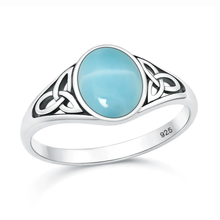 Load image into Gallery viewer, Sterling Silver Oxidized And Polished Triquetra Celtic Knot Larimar Stone Ring