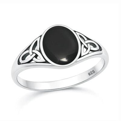 Sterling Silver Oxidized And Polished Celtic Knot Black Agate Stone Ring