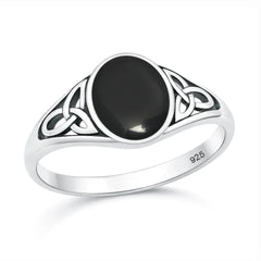 Sterling Silver Oxidized And Polished Celtic Knot Black Agate Stone Ring