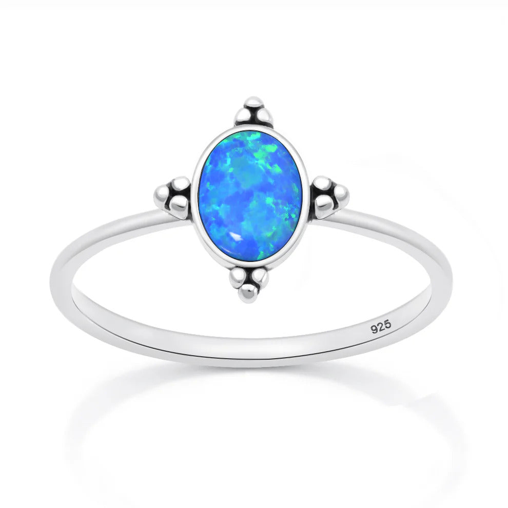 Sterling Silver Oxidized And Polished Oval Blue Lab Opal Ring