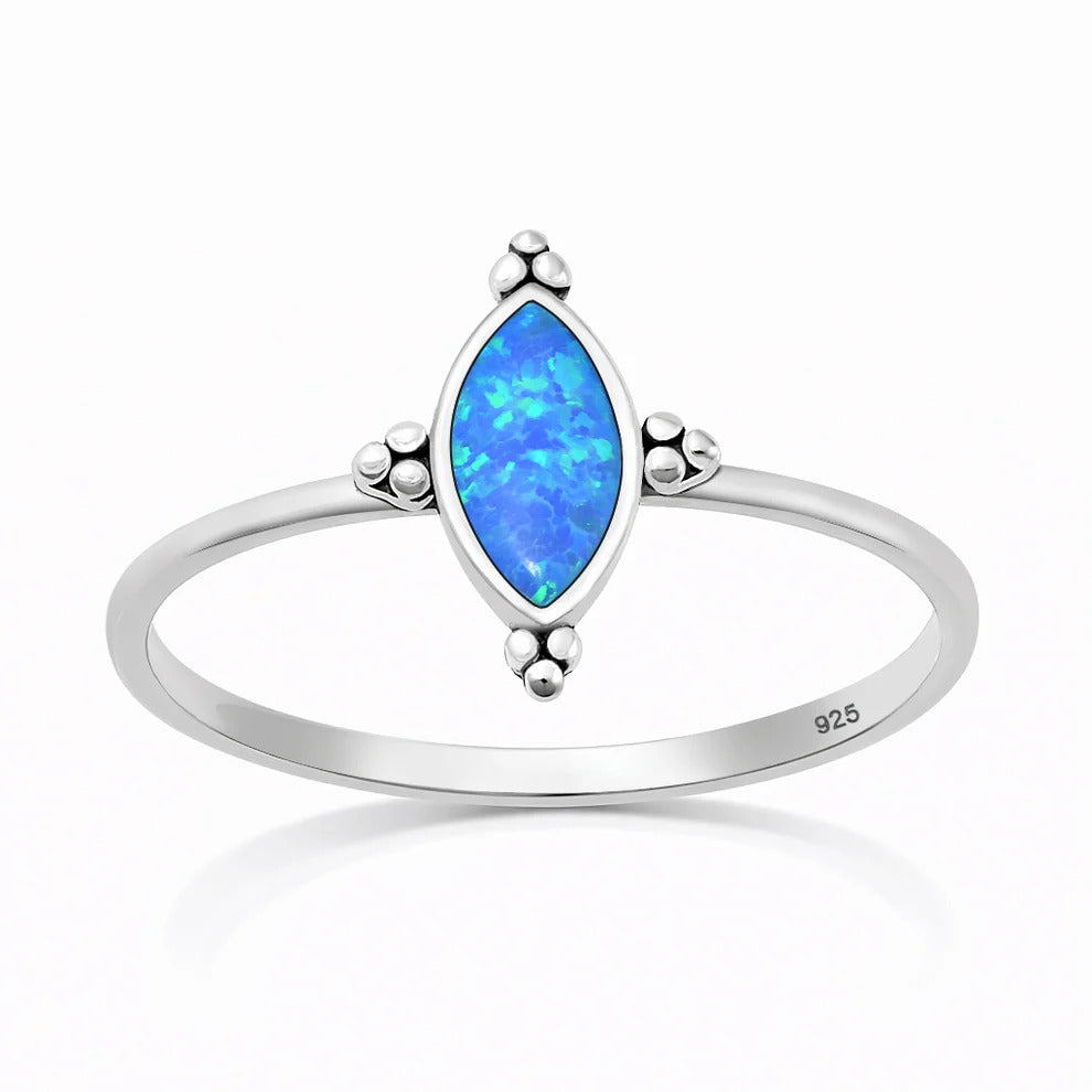 Sterling Silver Oxidized And Polished Blue Lab Opal Bali Ring