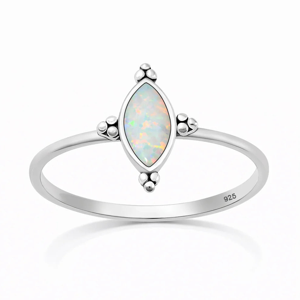 Sterling Silver Oxidized And Polished White Lab Opal Bali Ring