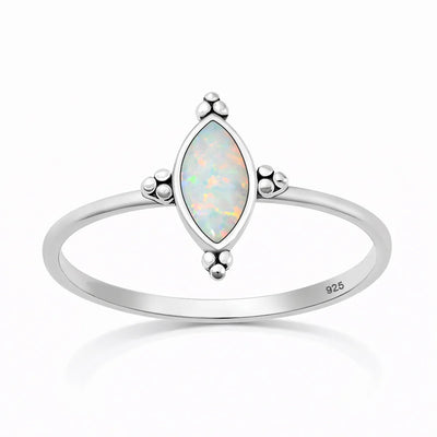 Sterling Silver Oxidized And Polished White Lab Opal Bali Ring