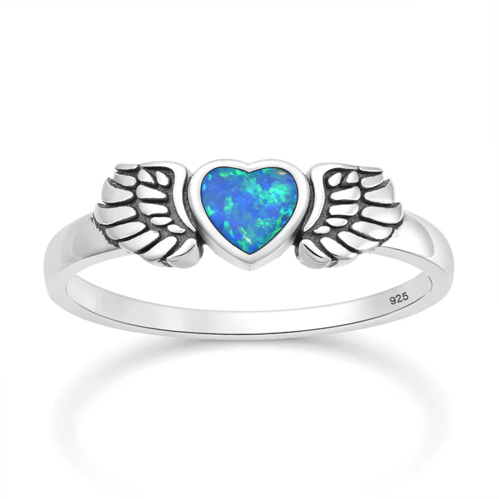 Sterling Silver Oxidized And Polished Heart And Wings Blue Lab Opal Ring