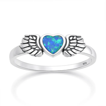 Load image into Gallery viewer, Sterling Silver Oxidized And Polished Heart And Wings Blue Lab Opal Ring