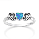 Sterling Silver Oxidized And Polished Heart And Wings Blue Lab Opal Ring