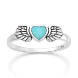 Sterling Silver Oxidized And Polished Heart And WingsTurquoise Stone Ring
