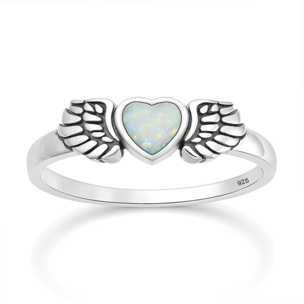 Sterling Silver Oxidized And Polished Heart And Wings White Lab Opal Ring