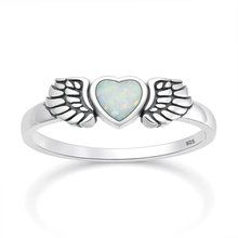 Load image into Gallery viewer, Sterling Silver Oxidized And Polished Heart And Wings White Lab Opal Ring