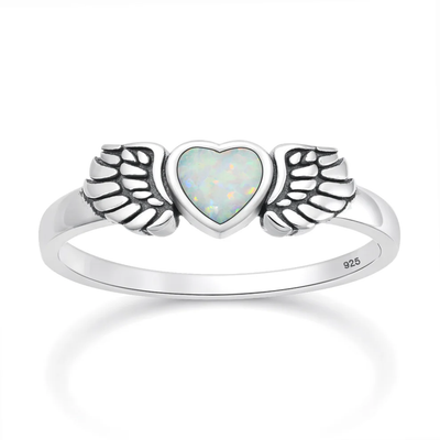 Sterling Silver Oxidized And Polished Heart And Wings White Lab Opal Ring