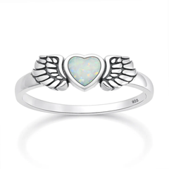Sterling Silver Oxidized And Polished Heart And Wings White Lab Opal Ring