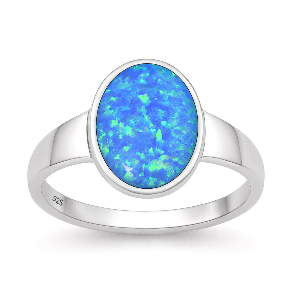 Sterling Silver Oxidized And Polished Oval Blue Lab Opal Ring