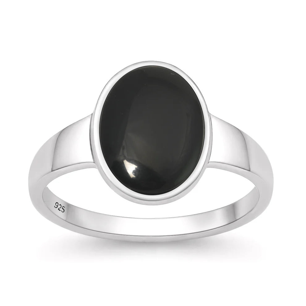 Sterling Silver Oxidized And Polished Black Onyx Stone Oval Ring