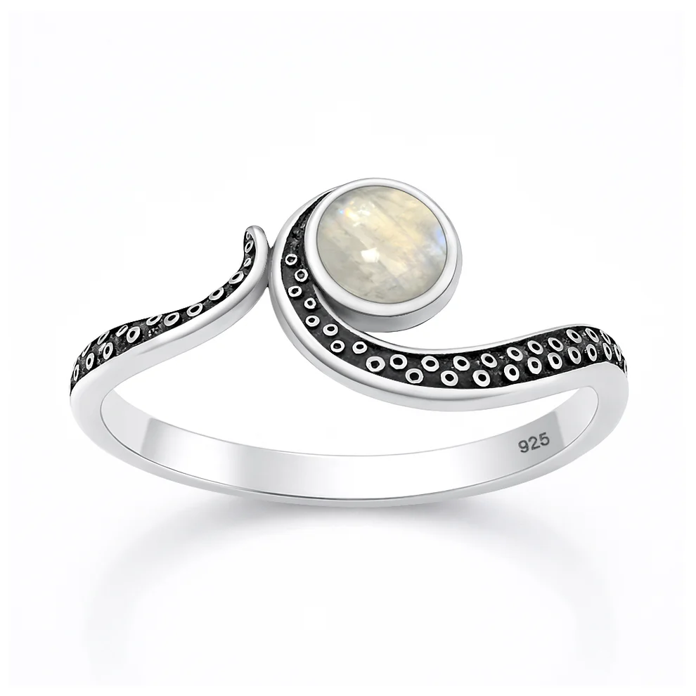 Sterling Silver Oxidized And Polished Tentacle Moonstone Stone Ring