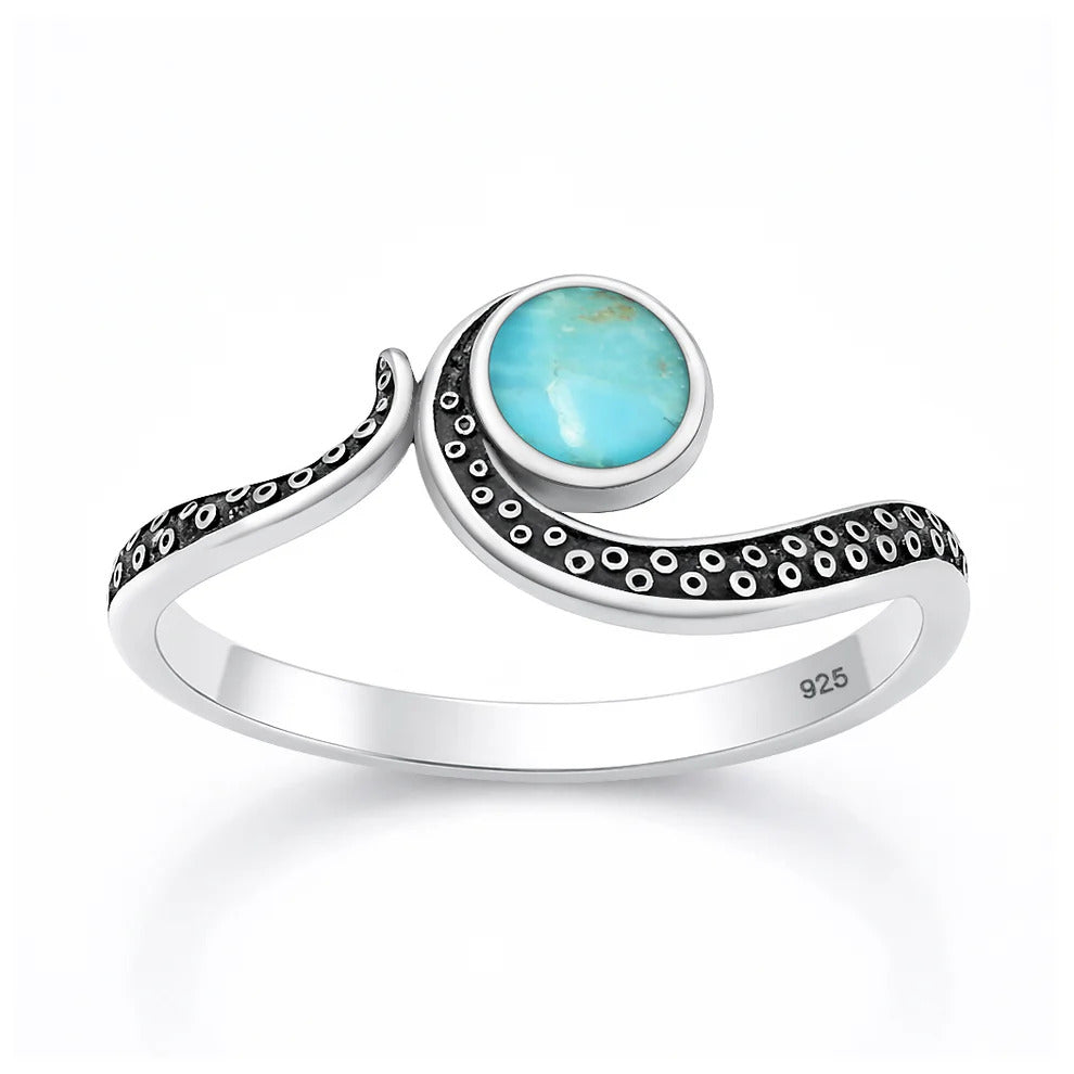 Sterling Silver Oxidized And Polished Tentacles Turquoise Stone Ring