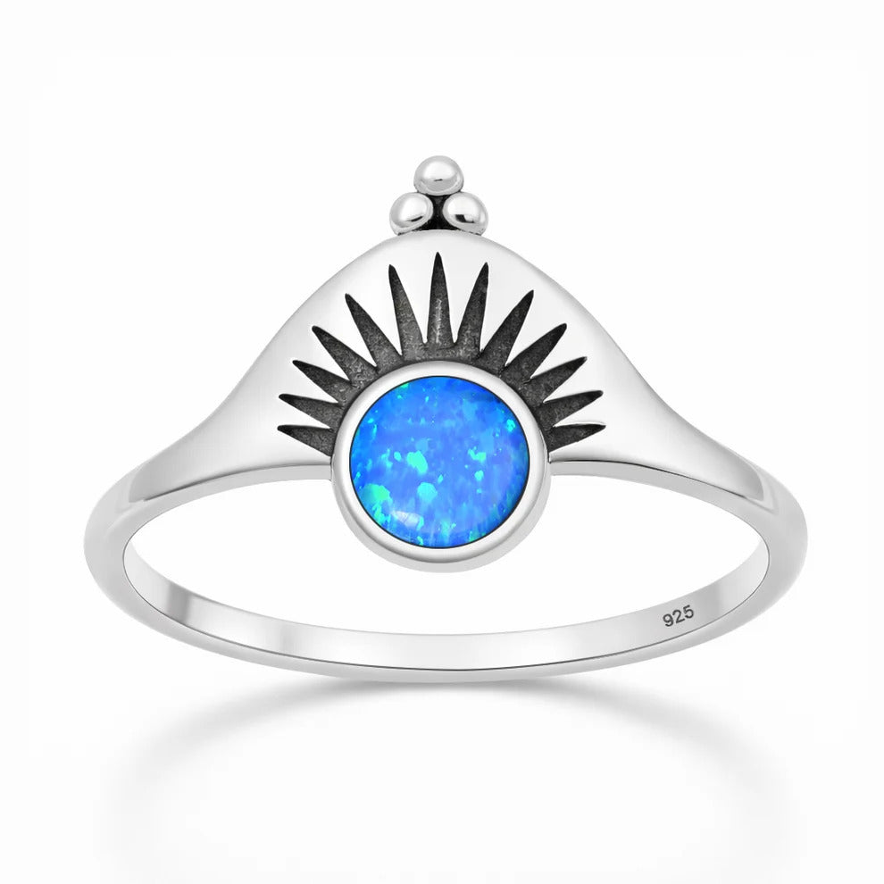 Sterling Silver Oxidized And Polished Blue Lab Opal Sunburst Ring