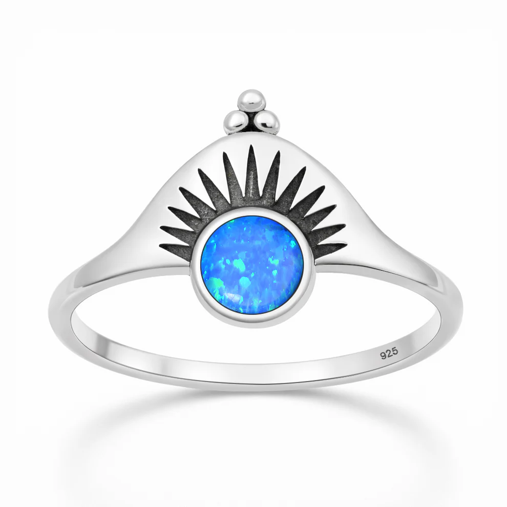 Sterling Silver Oxidized And Polished Sunburst Blue Lab Opal Ring