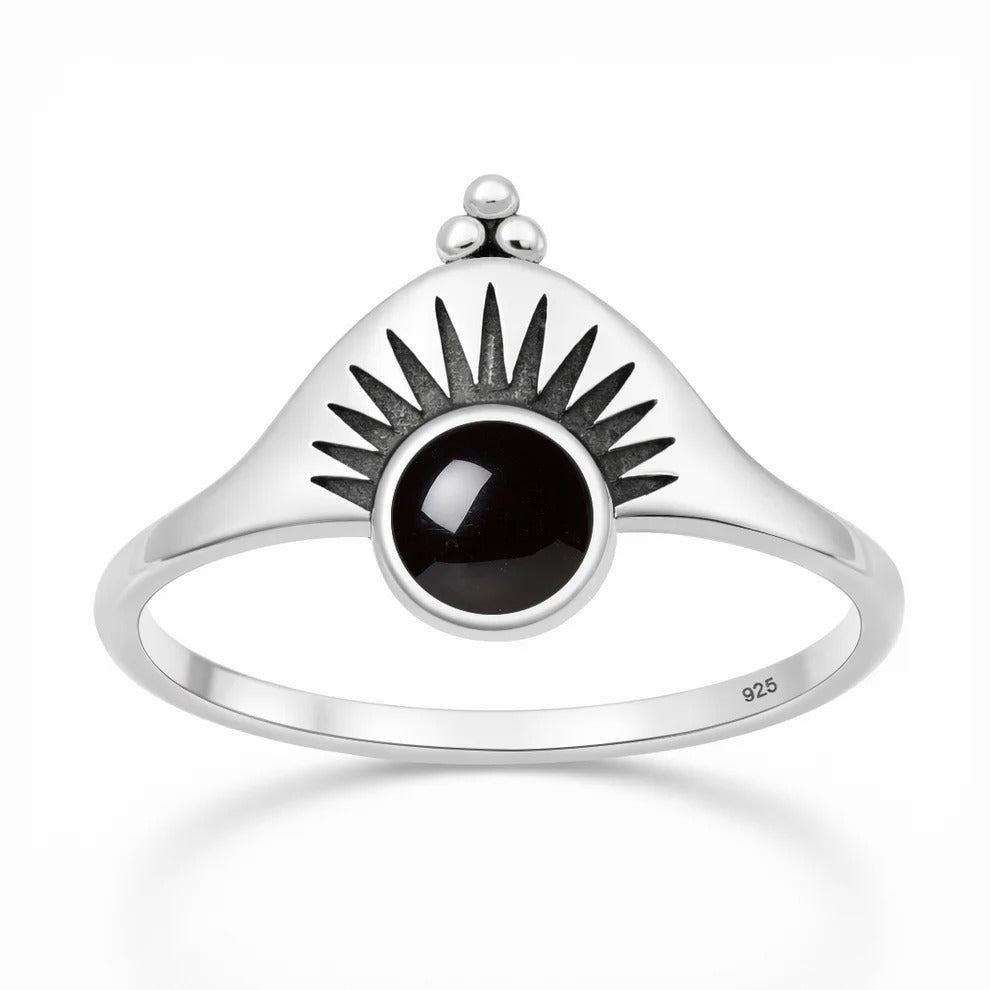 Sterling Silver Oxidized And Polished 12.5mm Sunburst Black Agate Stone Ring