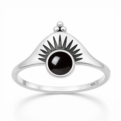 Sterling Silver Oxidized And Polished 12.5mm Sunburst Black Agate Stone Ring