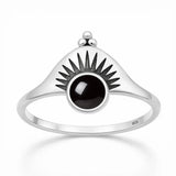 Sterling Silver Oxidized And Polished 12.5mm Sunburst Black Agate Stone Ring